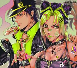  1boy 1girl 666 artist_name bandaid bandaid_on_cheek bandaid_on_face bandaid_on_hand bandaid_on_neck bandaid_on_nose bandaid_on_shoulder bare_shoulders black_choker black_hat black_jacket black_nails blurry blurry_background bracelet braid braided_ponytail breasts bustier chain choker cigarette cleavage closed_mouth collarbone collarbone_piercing collared_shirt commentary cross cross_earrings cross_necklace double_bun ear_piercing earrings english_text eyebrow_piercing eyelashes eyeshadow face_piercing facial_tattoo father_and_daughter finger_tattoo green_eyes green_hair green_lips green_nails green_shirt hair_bun hair_ornament hand_on_another&#039;s_shoulder hand_up hashtag-only_commentary hat heart heart_tattoo henoopd highres holding holding_cigarette jacket jewelry jojo_no_kimyou_na_bouken kuujou_jolyne kuujou_joutarou long_hair looking_at_viewer looking_to_the_side makeup medium_breasts mouth_piercing multicolored_hair neck_tattoo necklace open_clothes open_jacket piercing portrait purple_bustier purple_hair shirt smoke spiked_bracelet spiked_choker spikes star_(symbol) star_hair_ornament stone_ocean stud_earrings studded_bracelet symbol-only_commentary tattoo two-tone_hair x_hair_ornament 