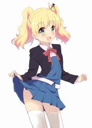 1girl alice_cartelet blonde_hair blue_skirt blush clothes_lift dot_nose female_focus green_eyes hair_ornament hibikahb kin-iro_mosaic legs lifting_own_clothes long_sleeves looking_at_viewer open_mouth school_uniform shirt_lift skirt skirt_lift solo standing thighhighs white_background white_thighhighs