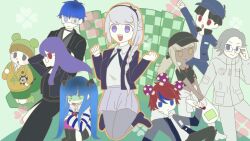  4girls 5boys amemiya_darumi aotsuki_eito backpack bag black_boots black_bow black_dress black_hair black_hat black_skirt blue_eyes blue_hair blue_hat blue_jacket boots bow braid braided_ponytail brown_hair crop_top dark-skinned_female dark_skin dress ear_piercing eyepatch ginzaki_shouma glasses green_background green_shorts grey_hair hand_up hat hoodie jacket japanese_clothes jumping kawana_tsubasa kirifuji_nozomi maruko_gaku multicolored_hair multiple_boys multiple_girls mushroom_on_head no_pupils omokage_yugamu open_mouth piercing pink_eyes pink_thighhighs pleated_skirt purple_hair red_eyes red_hair safety_pin shirt shizuhara_hiruko short_hair shorts skirt striped_clothes striped_shirt sumino_takumi the_hundred_line_-last_defense_academy- thighhighs twintails white_hair white_hoodie yellow_shirt 