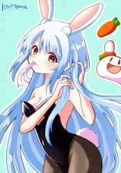  1girl animal_ear_fluff animal_ears bare_arms bare_shoulders black_leotard blue_hair breasts brown_pantyhose carrot cleavage commentary_request covered_navel hair_between_eyes hair_down hands_up highres hololive kiritoma leotard long_hair medium_breasts mouth_hold outline pantyhose pekomon_(usada_pekora) polka_dot polka_dot_background rabbit-shaped_pupils rabbit_ears rabbit_girl rabbit_tail red_eyes ribbon ribbon_in_mouth short_eyebrows signature solo_focus strapless strapless_leotard symbol-shaped_pupils tail thick_eyebrows usada_pekora very_long_hair white_outline white_ribbon 