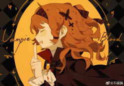  1girl argyle_background ascot black_background black_bow black_bowtie black_cape black_hairband bow bowtie bumian_mei butterfly_hair_ornament cape chinese_commentary closed_eyes collared_cape commentary_request confetti english_text fang finger_to_mouth fingernails frilled_sleeves frills from_side hair_bow hair_ornament hairband halloween halloween_costume happy high_collar highres layered_sleeves light_blush long_hair long_sleeves open_mouth orange_brooch orange_hair pinstripe_pattern pinstripe_shirt plaid_bow plaid_hairband ponytail reverse:1999 shirt skin_fang smile solid_oval_eyes solo sonetto_(reverse:1999) sparkle turtleneck turtleneck_shirt two-sided_cape two-sided_fabric upper_body watermark weibo_watermark white_ascot white_shirt 