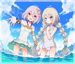  2girls antenna_hair armlet beads blue_eyes blue_sky braid closed_mouth cloud elf flower frilled_one-piece_swimsuit frills green_one-piece_swimsuit grey_hair hair_beads hair_between_eyes hair_flower hair_ornament highres holding_hands jewelry kokkoro_(princess_connect!) kokkoro_(real)_(princess_connect!) kokkoro_(summer)_(princess_connect!) light_smile long_hair low_twin_braids multiple_girls name_tag ocean one-piece_swimsuit open_mouth outstretched_hand pink_eyes pointy_ears princess_connect! rii_(metro_electro) school_swimsuit sky swimsuit swimsuit_skirt twin_braids very_long_hair wading white_one-piece_swimsuit 