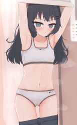  1girl animal_print arms_up black_hair black_shorts blush bra cat_print clothes_pull clothes_writing collarbone crotch_seam curtains flat_chest grey_bra grey_eyes grey_panties grey_shirt hair_ornament hairclip highres loli long_hair looking_at_viewer nipples open_mouth original panties paw_print print_bra print_panties removing_shirt shirt shooko shorts shorts_pull standing steam sweat underwear undressing 