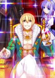 1girl 2boys abs black_(artist) blonde_hair blue_eyes closed_mouth collarbone cowboy_shot crossed_legs cup drink drinking_glass fate/grand_order fate_(series) fur-trimmed_jacket fur_trim game_cg gold_choker gold_necklace gold_ring green_eyes green_jacket hair_between_eyes heracles_(fate) holding holding_cup jacket jason_(fate) jewelry long_sidelocks long_sleeves male_focus medea_(fate) medea_(lily)_(fate) medium_hair multiple_boys multiple_rings necklace no_shirt official_art open_clothes open_jacket pants pectorals purple_hair red_background ring sidelocks sitting smile smirk solo_focus sweater_guard teeth third-party_source throne toned toned_male white_pants 