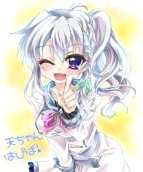  1girl 2020 9-nine- ;d ahoge belt blush bow bowtie braid breasts buttons character_name collarbone commentary_request cowboy_shot dated_commentary double-breasted dress eyes_visible_through_hair green_ribbon grey_belt grey_hair hair_between_eyes hair_ribbon hakusen_academy_school_uniform hand_up happy happy_birthday highres index_finger_raised large_breasts leaning_forward long_hair looking_at_viewer moge_panda niimi_sora one_eye_closed open_mouth pink_bow pink_bowtie purple_eyes ribbon school_uniform side_ponytail sidelocks simple_background single_braid smile solo translated white_dress yellow_background 
