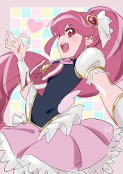  1girl absurdres aino_megumi back_bow black_vest border bow bowtie brooch collared_vest colorful_background cowboy_shot cure_lovely earrings eyelashes frilled_skirt frilled_sleeves frilled_vest frills grid_background hair_between_eyes hair_ornament hair_ribbon happinesscharge_precure! happy heart heart_brooch heart_earrings heart_hair_ornament highres jewelry lapels light_blush long_hair looking_at_viewer magical_girl miniskirt notched_lapels ok_sign open_clothes open_mouth open_vest outside_border pink_border pink_bow pink_bowtie pink_eyes pink_hair pink_skirt pleated_skirt ponytail precure puffy_short_sleeves puffy_sleeves ribbon shipu_(gassyumaron) shirt short_sleeves signature skirt smile solo standing tareme teeth upper_teeth_only very_long_hair vest white_arm_warmers white_ribbon white_shirt 