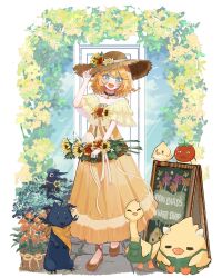  :d alternate_costume apron aqua_eyes black_choker blonde_hair brown_hat brown_shoes choker doki_amber_doge_(dokibird) dokibird_(vtuber) dokibird_(vtuber)_(crowki) dokibird_(vtuber)_(tomato) dragoon_(dokibird) dress flower full_body green_apron hat highres indie_virtual_youtuber long_dress looking_at_viewer open_mouth riko_(aemirrrrr) shoes smile solo_focus straw_hat virtual_youtuber yellow_dress 