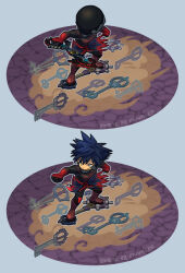  &gt;:) 1boy belt black_bodysuit black_hair bodysuit boots chibi chibi_only commentary_request dated full_body helm helmet holding holding_weapon keyblade kingdom_hearts kingdom_hearts_birth_by_sleep knee_boots male_focus multiple_views red_belt short_hair skyloop19 smile spiked_hair twitter_username v-shaped_eyebrows vanitas_(kingdom_hearts) waist_cape weapon 