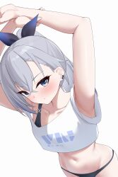  1girl absurdres armpits arms_up black_panties blue_ribbon blush collarbone crop_top crop_top_overhang grey_eyes grey_hair groin hair_ribbon highres honkai:_star_rail honkai_(series) long_hair looking_at_viewer navel panties ribbon shirt short_sleeves silver_wolf_(honkai:_star_rail) simple_background solo stomach underwear upper_body white_background white_shirt zerotwenty_(020) 