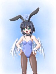  angel_wings animal_ear_hairband animal_ears antenna_hair black_ribbon black_wings blue_background blue_leotard breasts cameltoe earrings emil_chronicle_online fake_animal_ears fishnet_pantyhose fishnets green_eyes hairband halo hands_on_own_hips highres jewelry leotard neck_ribbon open_mouth pantyhose playboy_bunny rabbit_ear_hairband rabbit_ears ribbon small_breasts takanashi_tsukasa terrier_(eco) white_wings wings 
