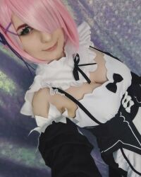  bow bowtie breasts cleavage cosplay highres maid maid_headdress medium_breasts photo_(medium) pink_hair ram_(re:zero) ram_(re:zero)_(cosplay) re:zero_kara_hajimeru_isekai_seikatsu real_life short_hair  rating:Sensitive score:8 user:mipaloote