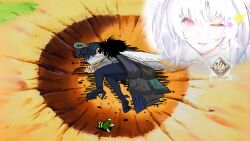 1boy 1girl black_hair dragon_ball dragonball_z fate/grand_order fate_(series) highres lady_avalon_(fate) lady_avalon_(second_ascension)_(fate) meme merlin_(fate/prototype) merlin_(swimsuit_pretender)_(second_ascension)_(fate/prototype) oberon_(fate) oberon_(third_ascension)_(fate) pink_eyes saibaiman short_hair ss_un17 white_hair yamcha_pose_(meme)