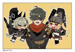  1boy 2girls anger_vein baseball_bat black_gloves black_helmet black_horns black_thighhighs border caesar_king_(zenless_zone_zero) chibi closed_eyes combat_helmet fang fur-trimmed_jacket fur-trimmed_shorts fur_trim gloves green_hair hair_intakes hair_ornament half_gloves helmet highres holding holding_baseball_bat holding_shield holding_sword holding_weapon horns jacket leather leather_jacket lighter_(zenless_zone_zero) long_hair luciana_de_montefio mask mask_around_neck micro_shorts multiple_girls open_mouth pickelhaube popochi_fuwa puff_of_air red_eyes red_scarf respirator scarf shield shorts shoulder_spikes side_ponytail spiked_jacket spikes sunglasses sweat sword thighhighs weapon white_border yellow_background yellow_eyes zenless_zone_zero 