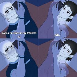  2boys bed closed_mouth collared_shirt couple_texting_in_bed_(meme) english_text haruhssment heart heart-shaped_pupils highres holding holding_phone looking_at_phone lying male_focus meme multiple_boys muscular muscular_male on_back on_bed phone scott_pilgrim_(series) scott_pilgrim_takes_off shirt short_hair smile symbol-shaped_pupils todd_ingram wallace_wells wristband yaoi 