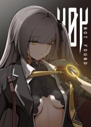  1girl absurdres black_jacket breasts brown_background chinese_commentary closed_mouth collared_shirt commentary_request covenant_halo_(girls&#039;_frontline_2) girls&#039;_frontline girls&#039;_frontline_2:_exilium gradient_background grey_background highres jacket leva_(girls&#039;_frontline_2) long_hair medium_breasts necktie one_side_up open_clothes open_jacket open_shirt scar scar_across_eye scar_on_face shirt simple_background smile solo two-tone_background ump45_(girls&#039;_frontline) upper_body white_shirt yellow_necktie zhupai 