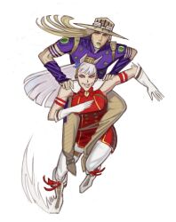 1boy 1girl absurdres blonde_hair brown_hat carrying commentary crossover dress english_commentary gloves goggles goggles_on_headwear gold_ship_(umamusume) green_eyes green_lips gyro_zeppeli hat highres jojo_no_kimyou_na_bouken long_hair pants piggyback pillbox_hat pink_eyes purple_shirt red_dress running shirt simple_background steel_ball_run umamusume white_background white_gloves white_hair white_pants xyanaid 