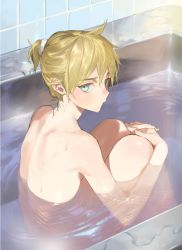 1boy bathing bathtub blonde_hair blue_eyes interlocked_fingers kagamine_len looking_at_viewer male_focus naoko_(naonocoto) nude own_hands_together ponytail short_ponytail sitting solo spiked_hair vocaloid water wet rating:Sensitive score:90 user:danbooru