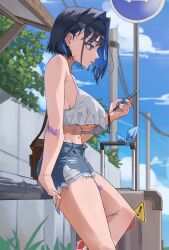  1girl archinoer bandaid bandaid_on_arm barbell_piercing bare_legs bare_shoulders black_hair blue_hair blue_nails blue_shorts blurry blurry_background breasts colored_inner_hair crop_top denim denim_shorts ear_piercing hair_ornament hairclip highres holding holding_phone hololive hololive_english industrial_piercing large_breasts looking_at_phone medium_hair midriff multicolored_hair nail_polish navel no_bra ouro_kronii outdoors phone piercing shirt short_shorts shorts solo torn_clothes torn_shorts underboob virtual_youtuber  rating:Sensitive score:130 user:danbooru