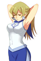  1girl armpits arms_up blonde_hair breasts duel_academy_uniform_(yu-gi-oh!_gx) female_focus iochi_(kotan) large_breasts long_hair lowres milk1110 school_uniform skirt solo tenjouin_asuka yu-gi-oh! yu-gi-oh!_gx 