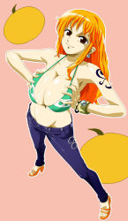  1girl bangle bikini bikini_top_only bracelet breasts breasts_squeezed_together brown_eyes cleavage compass denim earrings female_focus fujimaruu green_bikini groin highres huge_breasts jeans jewelry log_pose long_hair nami_(one_piece) navel one_piece orange_hair pants solo swimsuit tattoo  rating:Questionable score:112 user:danbooru