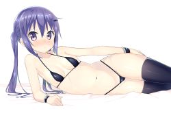 1girl bikini black_bikini black_thighhighs blush breasts commentary_request female_focus gochuumon_wa_usagi_desu_ka? hair_ornament hairclip long_hair looking_at_viewer lying micro_bikini navel on_side open_mouth purple_eyes purple_hair small_breasts solo swimsuit tedeza_rize thighhighs tunamayochan twintails wrist_cuffs rating:Sensitive score:32 user:danbooru