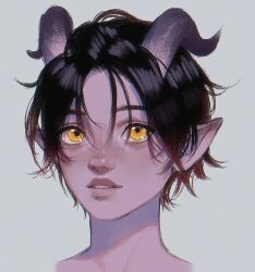  1girl 23i2ko aegyo_sal black_hair commentary dungeons_&amp;_dragons english_commentary facing_viewer horns messy_hair parted_lips pointy_ears portrait short_hair simple_background solo white_background yellow_eyes 