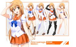  1girl :d absurdres ahoge armor armored_boots artist_name barefoot belt bikini black_socks blush boots braid breasts brown_eyes brown_hair character_name culture_japan female_focus fingerless_gloves gauntlets gloves hair_ornament highres jacket kneehighs kuuchuu_yousai long_hair long_sleeves looking_at_viewer mary_janes mascot medium_breasts multiple_persona multiple_views navel open_mouth pleated_skirt puffy_long_sleeves puffy_short_sleeves puffy_sleeves salute school_uniform serafuku shoes short_sleeves side-tie_bikini_bottom simple_background skirt smile socks suenaga_mirai swimsuit thighhighs twin_braids variations white_background white_socks 