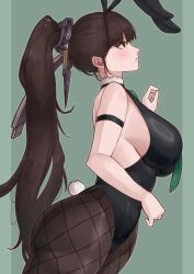  1girl absurdres animal_ears bare_shoulders black_leotard breasts brown_hair commentary cowboy_shot eve_(stellar_blade) fake_animal_ears fishnet_pantyhose fishnets from_side green_background high_ponytail highres large_breasts leotard long_hair pantyhose playboy_bunny ponytail profile rabbit_ears rabbit_tail simple_background solo stellar_blade tail yotsuha_uni 