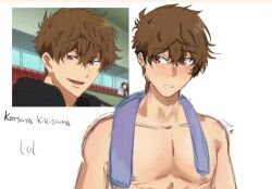  1boy bare_shoulders blush brown_eyes brown_hair free! hair_intakes kirishima_natsuya male_focus messy_hair non-web_source short_hair simple_background solo tagme towel towel_around_neck 