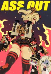  3girls absurdres ass belt black_gloves black_jacket blonde_hair breasts burnice_white chibi chibi_inset embers eyewear_on_head fingerless_gloves fire flamethrower flying_sweatdrops from_behind gloves high-waist_skirt highres holding holding_flamethrower holding_weapon jacket large_breasts leather leather_jacket long_sleeves looking_at_viewer luciana_de_montefio multiple_girls open_mouth piper_wheel pondaigrl red-tinted_eyewear red_eyes short_hair skirt smile spiked_belt spiked_jacket strapless sunglasses sweat sweatdrop thighhighs tinted_eyewear tube_top twintails weapon zenless_zone_zero zettai_ryouiki 