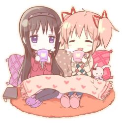 2girls akemi_homura animal_slippers artist_request black_hair black_headband blanket blush chibi closed_eyes closed_mouth cup female_focus full_body headband holding kaname_madoka long_hair long_sleeves mahou_shoujo_madoka_magica mug multiple_girls no_nose open_mouth pillow pink_hair rug simple_background sitting slippers source_request steam stuffed_animal stuffed_rabbit stuffed_toy white_background