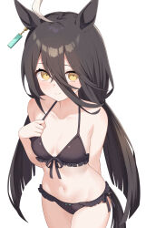  1girl absurdres ahoge astroglia_cyte bare_shoulders bikini black_bikini black_hair black_ribbon blush breasts cleavage closed_mouth collarbone ear_tag earrings embarrassed frilled_bikini frills hair_between_eyes highres jewelry long_hair long_hair_between_eyes manhattan_cafe_(umamusume) multicolored_hair navel ribbon simple_background single_earring small_breasts smile solo swimsuit umamusume very_long_hair white_background white_hair yellow_eyes 