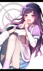  1girl apron ass bandaged_arm bandaged_leg bandages bandaid bandaid_on_knee bandaid_on_leg blush breasts danganronpa_(series) danganronpa_2:_goodbye_despair drooling highres large_breasts long_hair mochinishi_umashi own_hands_clasped own_hands_together panties pink_eyes pink_hair pink_shirt pleated_skirt puffy_short_sleeves puffy_sleeves shirt short_sleeves skirt solo teeth tsumiki_mikan underwear white_apron white_background white_panties 