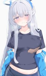  1boy 1girl absurdres black_shirt blue_archive blue_jacket breasts breath collarbone commentary covered_navel disembodied_hand grabbing_another&#039;s_breast grabbing_from_behind grey_hair groin groping halo headgear highres jacket jacket_partially_removed large_breasts long_hair looking_at_viewer noa_(blue_archive) nui_(nuinui0300) official_alternate_costume shirt simple_background solo straight_hair track_jacket very_long_hair white_background 