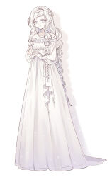  1girl arm_cutout bare_shoulders bow braid bride closed_mouth commentary dress empire_waist flower full_body gown hair_flower hair_ornament interlocked_fingers jewelry long_dress long_hair long_sleeves looking_at_viewer low-braided_long_hair low-tied_long_hair mono_(miso_kuronowish) necklace off-shoulder_dress off_shoulder original own_hands_together pearl_hair_ornament pearl_necklace puffy_long_sleeves puffy_sleeves short_bangs sidelocks simple_background single_braid smile solo swept_bangs very_long_hair waist_bow wavy_hair wedding_dress white_background white_bow white_dress white_eyes white_flower white_hair white_theme 
