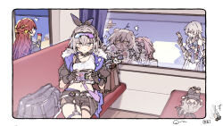  6+girls ^^^ afterimage against_glass animal_ears animal_hands bag behind_another black_gloves black_shorts border bronya_rand cellphone choker crossed_bangs crying crying_with_eyes_open detached_sleeves dress drill_hair drill_ponytail dual_persona earphones eyewear_on_head fingerless_gloves fur-trimmed_jacket fur_trim gameplay_mechanics glasses gloves goggles goggles_on_head grey_eyes grey_hair hair_between_eyes hand_on_glass hat highres himeko_(honkai:_star_rail) holding holding_phone holding_ticket honkai:_star_rail honkai_(series) jacket kafka_(honkai:_star_rail) kemonomimi_mode leaning_back long_hair looking_at_another looking_at_phone lying midriff multiple_girls navel on_back on_stomach open_clothes open_jacket phone pince-nez pom-pom_(honkai:_star_rail) ponytail raccoon_ears raccoon_girl raccoon_tail red_hair rizu033 shirt short_shorts shorts silver_wolf_(honkai:_star_rail) single-shoulder_shirt single_drill sitting smartphone standing star_rail_special_pass_(honkai:_star_rail) stelle_(honkai:_star_rail) stomach sunglasses tail tears thigh_gap thigh_strap ticket tinted_eyewear trailblazer_(honkai:_star_rail) train_interior unhappy white_border yellow_eyes 