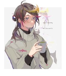 1boy 2hands1cup alternate_costume cup english_text glasses grey_sweater hair_behind_ear highres holding holding_cup looking_ahead meme multicolored_hair nijisanji nijisanji_en no_thoughts_head_empty_(meme) orange_hair pink_hair round_eyewear sakai_eri_(illustratoreri) shu_yamino solo streaked_hair sweater turtleneck turtleneck_sweater upper_body virtual_youtuber 