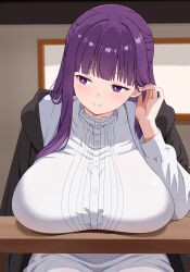  1girl absurdres annrichan black_robe blurry blurry_background breast_rest breasts breasts_on_table dress fern_(sousou_no_frieren) highres huge_breasts indoors large_breasts long_hair long_sleeves looking_to_the_side purple_eyes purple_hair robe solo sousou_no_frieren striped_clothes striped_dress vertical-striped_clothes vertical-striped_dress white_dress 