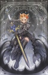  1girl absurdres animal_ears armor black_armor blonde_hair blue_eyes boots commentary_request commission facial_mark final_fantasy final_fantasy_xiv flower frown full_body gradient_hair greaves grey_background hair_flower hair_ornament heterochromia highres holding holding_sword holding_weapon kuro11_222 looking_at_viewer miqo&#039;te multicolored_hair orange_hair red_flower red_rose rose short_hair skeb_commission skindentation solo sword thigh_boots vambraces warrior_of_light_(ff14) weapon whisker_markings yellow_eyes 