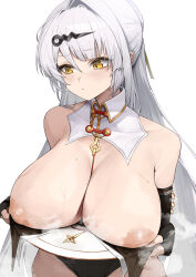  1girl absurdres areola_slip between_breasts black_gloves black_leotard blush breast_rest breasts breasts_out closed_mouth elbow_gloves fingerless_gloves gloves hair_between_eyes hair_ornament highres huge_breasts inverted_nipples large_areolae leotard long_hair mutsuru_(omotta_yori) nipples orange_eyes simple_background solo steam strap_between_breasts sweat upper_body very_long_hair white_background white_hair yixuan_(zenless_zone_zero) zenless_zone_zero 