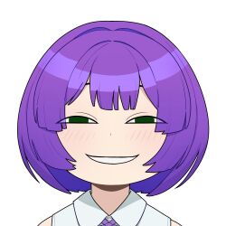  1girl anya&#039;s_heh_face_(meme) blush collared_shirt green_eyes hair_intakes index_finger_raised indie_virtual_youtuber looking_at_viewer meme open_mouth podone portrait purple_hair shirt short_hair simple_background smile solo sparrowl straight-on white_background white_shirt 