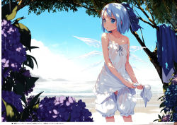1girl absurdres bare_shoulders bloomers blue_eyes blue_hair blue_sky blush bow camisole cirno unworn_clothes cloud collarbone dappled_sunlight day dress unworn_dress flat_chest flower hair_bow highres hydrangea ice ice_wings ke-ta non-web_source open_clothes rain see-through_clothes short_hair sky solo strap_slip sunlight touhou translation_request tree tree_shade underwear water wet wet_clothes white_bloomers wings wringing wringing_clothes rating:Questionable score:42 user:danbooru