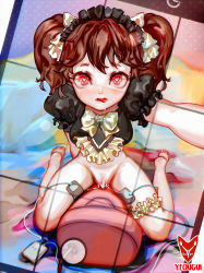  1girl barefoot bed bottomless bow brown_hair dress drooling electrodes electrostimulation female_focus female_masturbation frilled_dress frills hair_bow heart heart-shaped_pupils highres looking_at_viewer maid masturbation on_bed open_mouth original outstretched_arm pussy_juice red_eyes saliva selfie sitting solo straddling symbol-shaped_pupils taking_picture thigh_strap twintails vacuum_cleaner wariza yeougui  rating:Explicit score:94 user:danbooru
