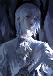  1boy absurdres aotu_world ascot black_gloves blood blood_on_clothes blood_on_face closed_mouth frills gloves green_eyes hair_between_eyes highres long_sleeves looking_to_the_side macchiato_bi_guanzhong male_focus painterly shirt short_hair sketch solo upper_body white_ascot white_hair white_shirt zain_(aotu_world) 