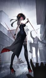  1girl 1other 3boys absurdres ajaz_(artist) ass belt black_belt black_boots black_dress black_hair black_jacket black_pants black_vest blood blood_on_face boots breasts brown_hairband dagger dress dual_wielding glowing glowing_eyes hairband high_heel_boots high_heels highres holding jacket knife large_breasts long_hair multiple_boys murder outdoors pants rain red_eyes ripples shirt spy_x_family stiletto_(weapon) suit_jacket thigh_boots vest weapon white_shirt yor_briar 