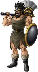  1boy artist_request asymmetrical_dual_wielding axe beard belt black_belt black_boots black_eyes black_facial_hair black_hair blue_gemstone boots brown_tunic cheekbones circlet collarbone dragon_quest dragon_quest_iii dragon_quest_tact dual_wielding facial_hair full_body game_cg gem gold_circlet holding holding_axe holding_shield looking_at_viewer male_focus mature_male muscular muscular_male official_art ortega_(dq3) scar scar_across_eye scar_on_arm scar_on_chest scar_on_face scar_on_leg shield solo spiked_hair third-party_source tunic white_background 
