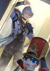  1boy animal_ears antenna_hair arm_up armor black_choker black_pants black_shirt blue_cape blue_eyes cape choker coat commentary_request cosplay hand_up hat highres honkai:_star_rail honkai_(series) jacket looking_at_viewer male_focus pants parted_bangs pauldrons phainon_(honkai:_star_rail) pom-pom_(honkai:_star_rail) rabbit_ears red_hat red_jacket shin716 shirt short_hair shoulder_armor single_pauldron solo thigh_strap white_coat white_hair 