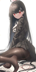 1girl absurdres doodle_sensei_(blue_archive) ass black_hair black_jacket black_pantyhose black_skirt black_suit blue_archive blunt_bangs breasts bright_pupils commentary feet formal_clothes from_side hair_ornament hairclip halo highres jacket large_breasts legs light_blush long_hair long_sleeves looking_at_viewer no_shoes pantyhose parted_lips pleated_skirt red_eyes ringed_eyes rio_(blue_archive) sein_(se_99m) sensei_(blue_archive) simple_background sitting skirt soles solo suit suit_jacket teeth thighband_pantyhose thighs toes turning_head very_long_hair white_background white_pupils rating:Sensitive score:24 user:danbooru
