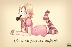  1girl baraag blonde_hair blue_eyes braid breasts dress fine_art_parody heart_pendant highres hime_takamura la_trahison_des_images linnea_(baraag) loli long_hair looking_at_viewer low_twin_braids lying on_stomach parody pink_dress see-through_clothes see-through_dress small_breasts smoking_pipe solo striped_clothes striped_thighhighs thighhighs twin_braids 