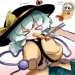  ... 1other 2girls black_eyes black_hat buttons chopsticks closed_eyes commentary diamond_button eyeball feeding floral_print food frilled_sleeves frills green_hair green_skirt hat hat_ribbon heart heripantomorrow holding holding_chopsticks komeiji_koishi multiple_girls ribbon rose_print shirt shrimp shrimp_costume shrimp_tempura skirt sleeves_past_wrists symbol-only_commentary tempura third_eye touhou white_background wide_sleeves yellow_ribbon yellow_shirt 